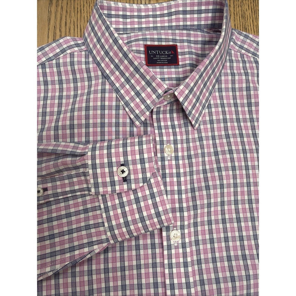 UNTUCKit Mens Size XXL Pink/Navy Slim Fit Wrinkle Free Long Sleeve Button Up